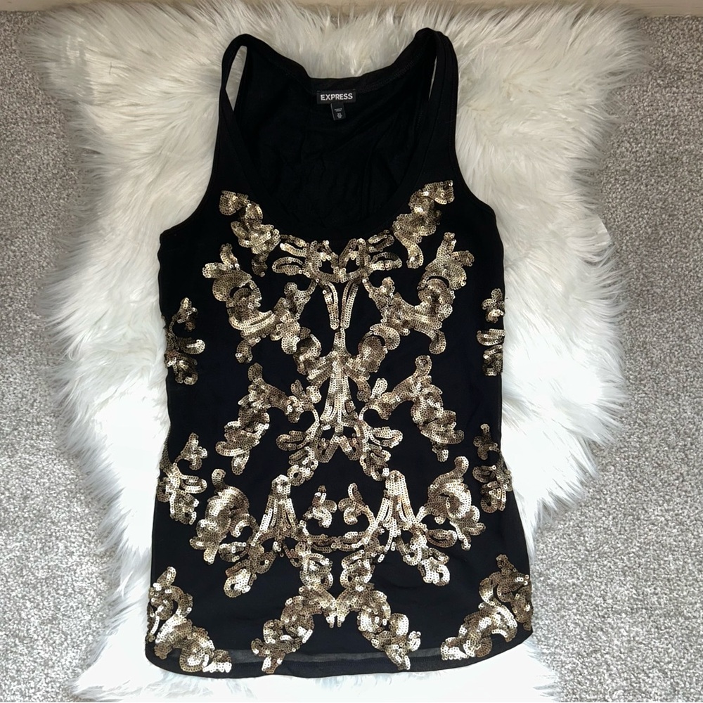 Express Black and Gold Sequin Embellished Tank Top